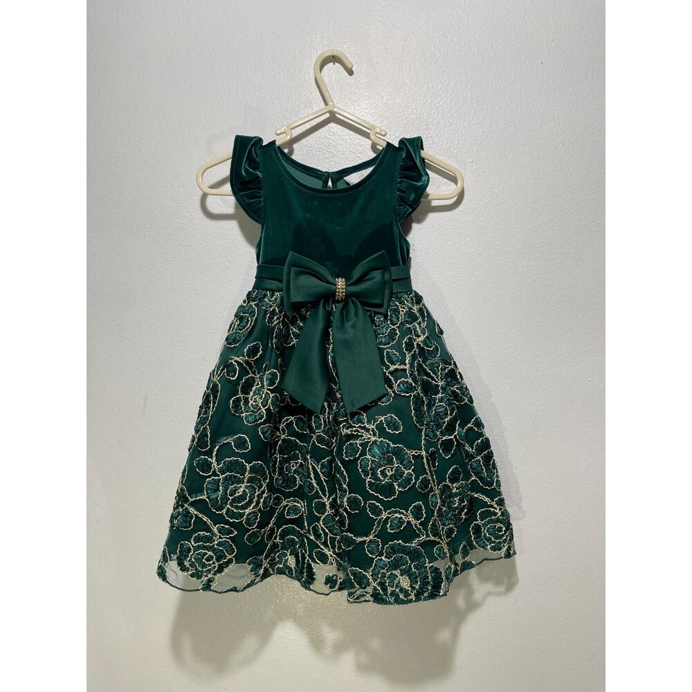 Rare Editions girls Christmas dress holidays glam fest green lace velvet kids 3T